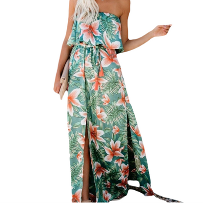 Green Strapless Maxi Dress with Drawstring Waist