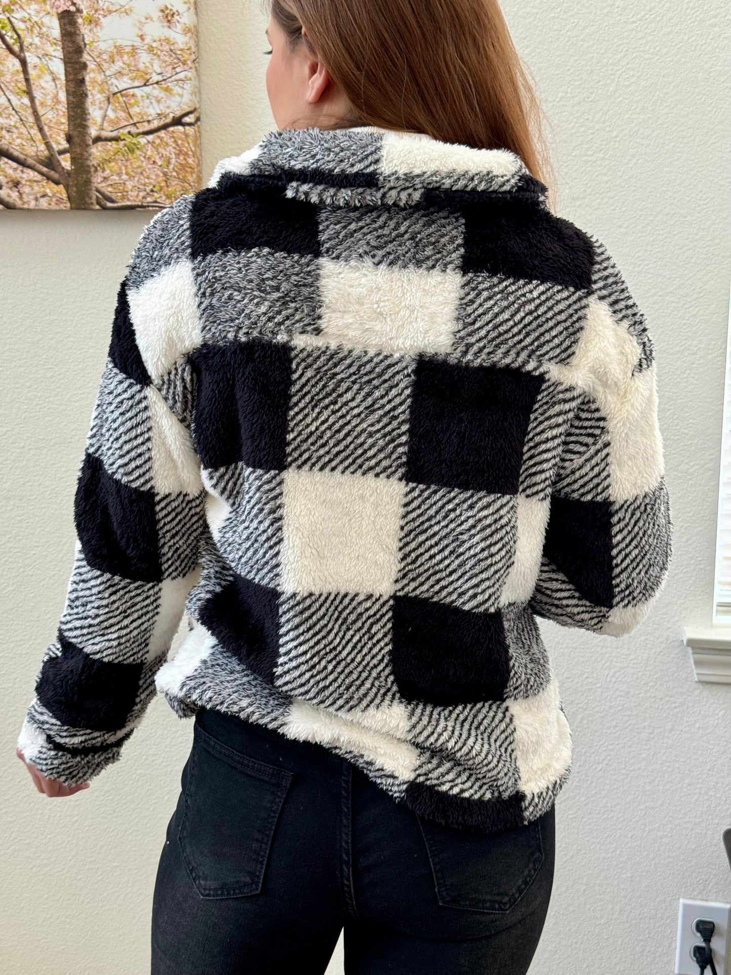 Plaid Button Front Teddy Coat, Casual, Soft, Comfortable Long Sleeve Coat For Fall & Winter,Women's Clothing