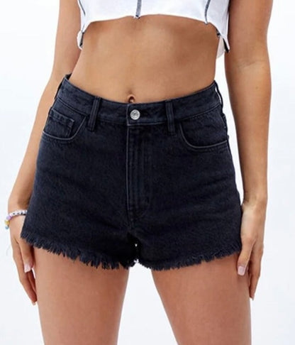 High Rise Frayed Raw Hem Denim Shorts in Black