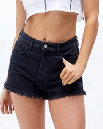 High Rise Frayed Raw Hem Denim Shorts in Black