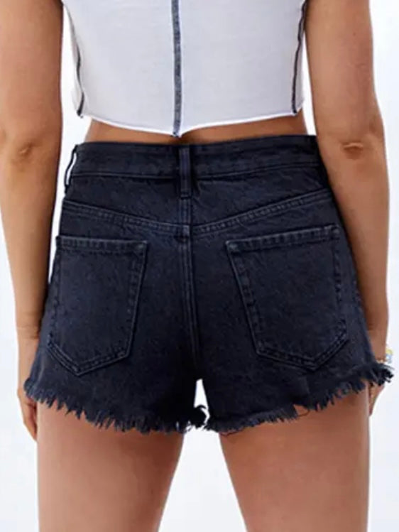 High Rise Frayed Raw Hem Denim Shorts in Black