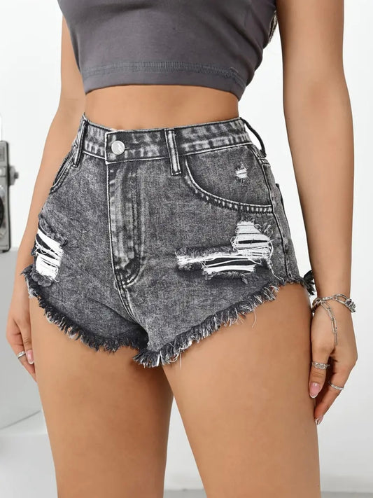 Ripped Denim Jean Shorts with Frayed Hem and Slanted Pockets in Gray