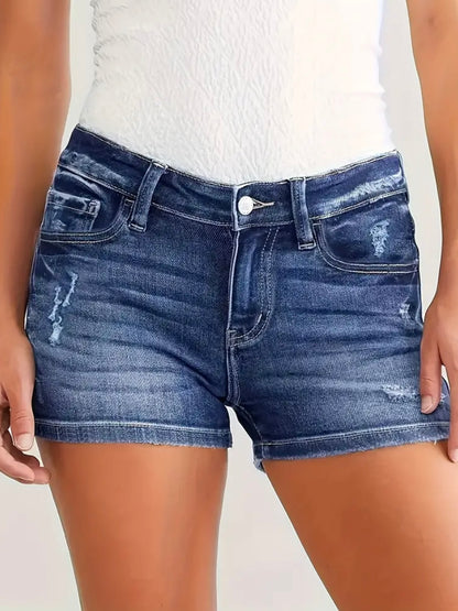 Ripped Whiskering Plain Denim Shorts, Distressed Blue Denim Shorts, Women's Denim Jeans and Clothing