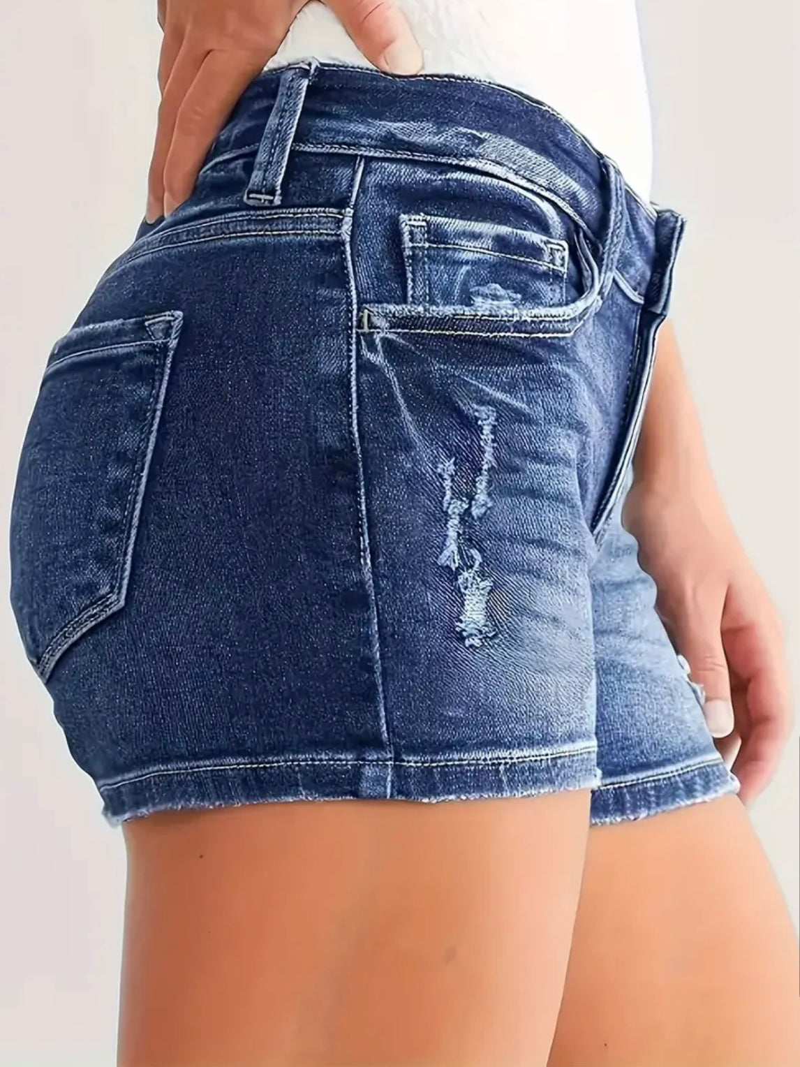 Ripped Whiskering Plain Denim Shorts, Distressed Blue Denim Shorts, Women's Denim Jeans and Clothing