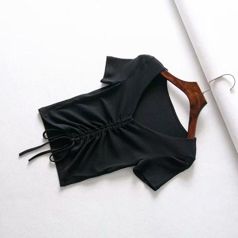 V-Neck Drawstring Tie Up Front Crop Top in Black and Green