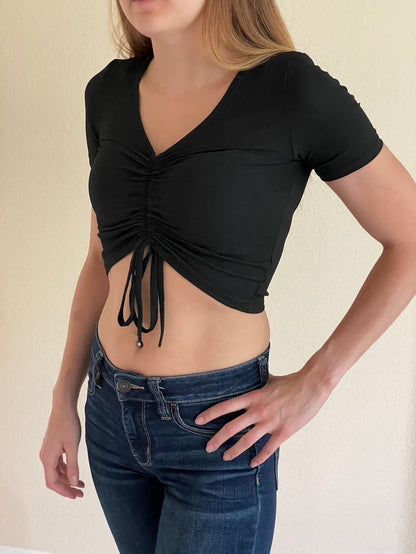 V-Neck Drawstring Tie Up Front Crop Top in Black and Green