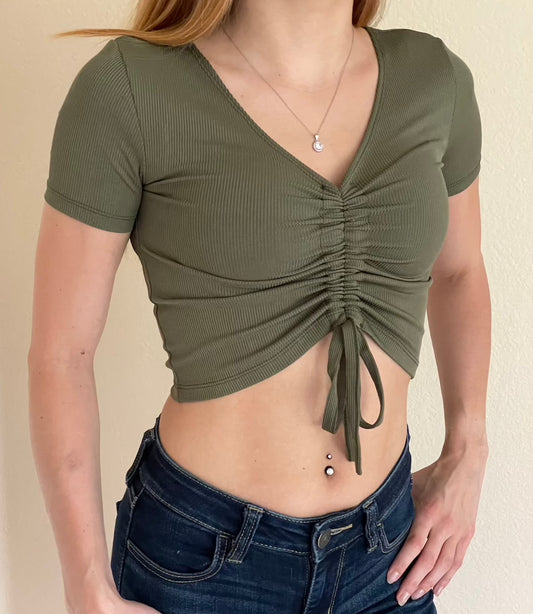 V-Neck Drawstring Tie Up Front Crop Top in Black and Green