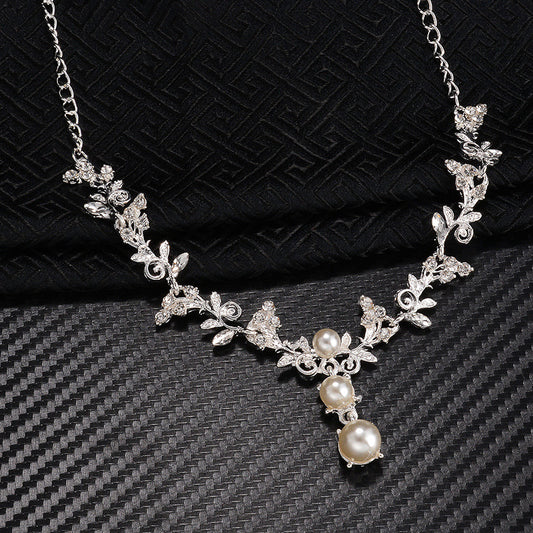 Elegant Silver and Pearl Floral Vine Filigree Necklace and Earring Set with Gift Box