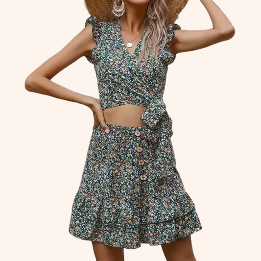 Green Floral Wrapped Top and Skirt Set