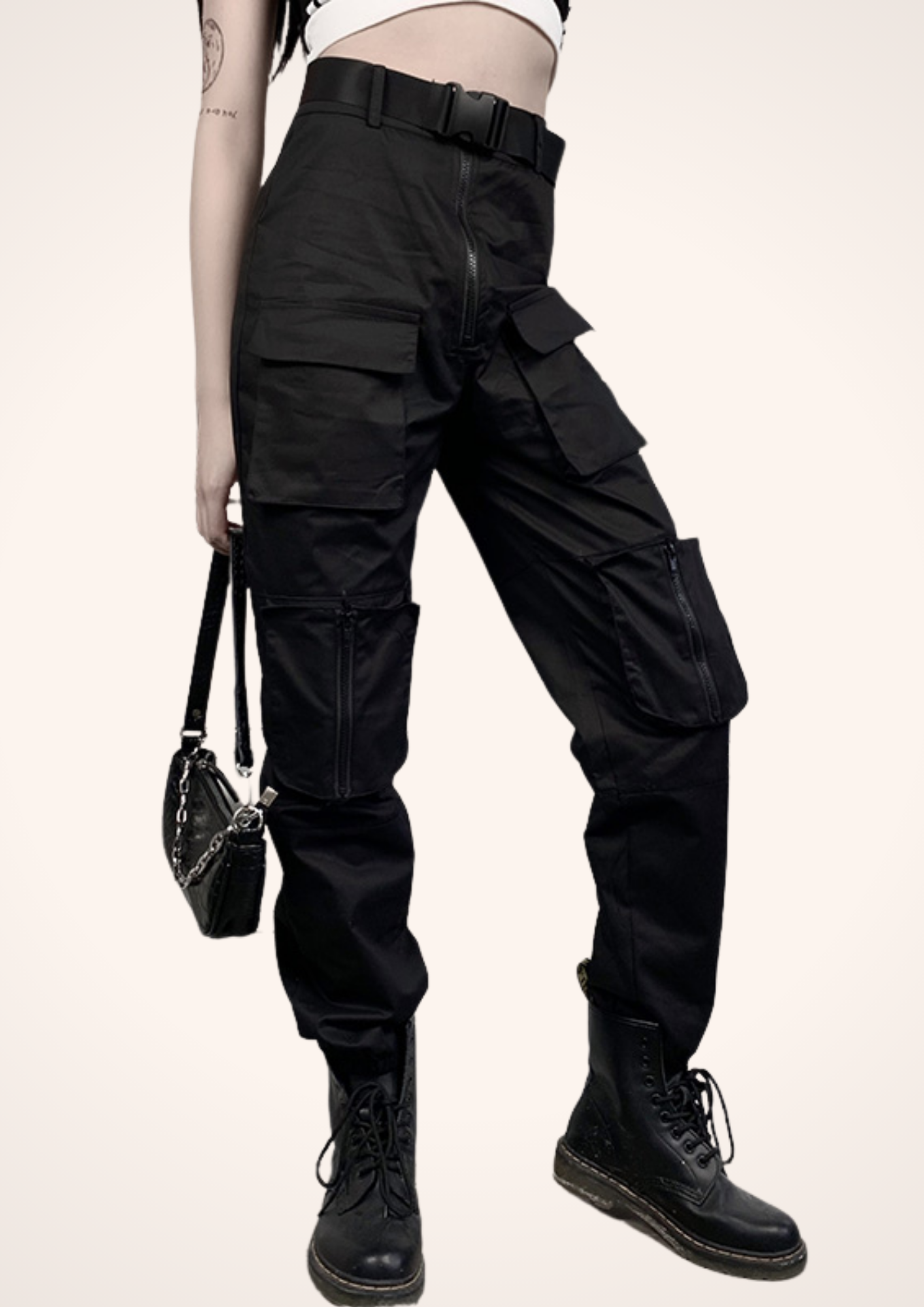 High Waist Loose Fit Harem Cargo Pants with Elastic Ankles in Black