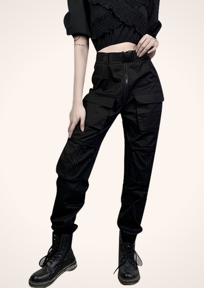 High Waist Loose Fit Harem Cargo Pants with Elastic Ankles in Black