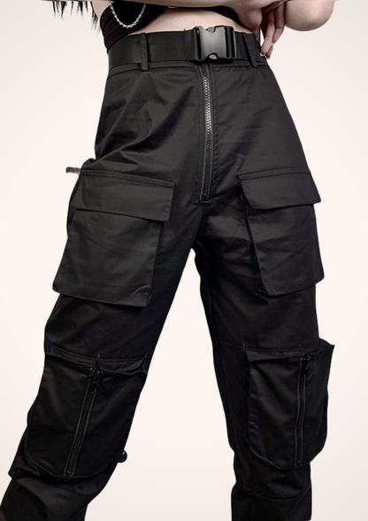 High Waist Loose Fit Harem Cargo Pants with Elastic Ankles in Black