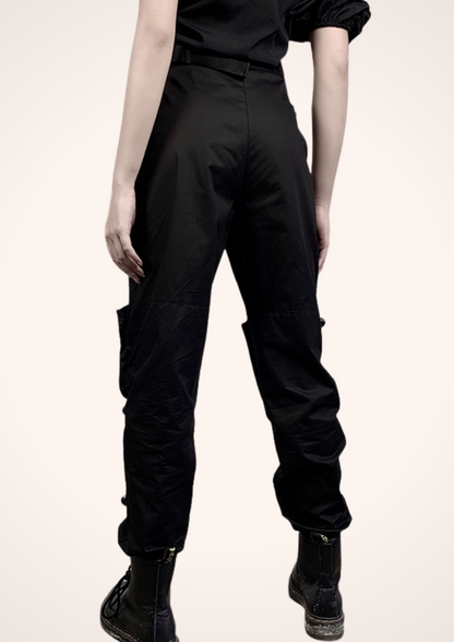 High Waist Loose Fit Harem Cargo Pants with Elastic Ankles in Black