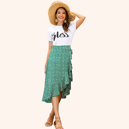 Green High Low Ruffle Midi Skirt, Summer Skirts, Beach Vacation Casual Womenswear