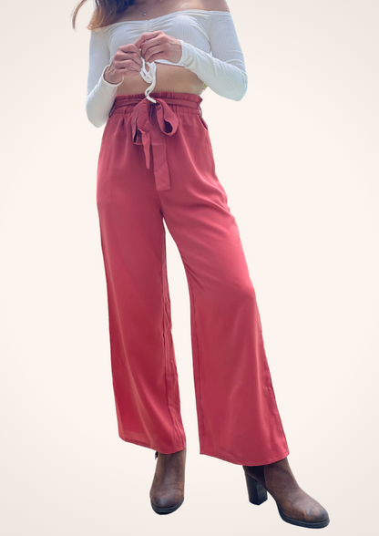 High Waisted Belted Wide Leg Pants in Red