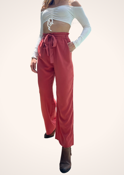 High Waisted Belted Wide Leg Pants in Red