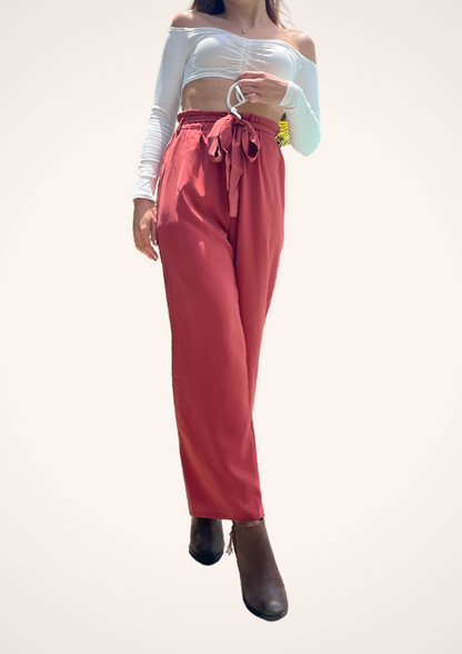 High Waisted Belted Wide Leg Pants in Red