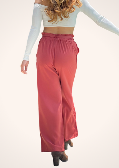 High Waisted Belted Wide Leg Pants in Red