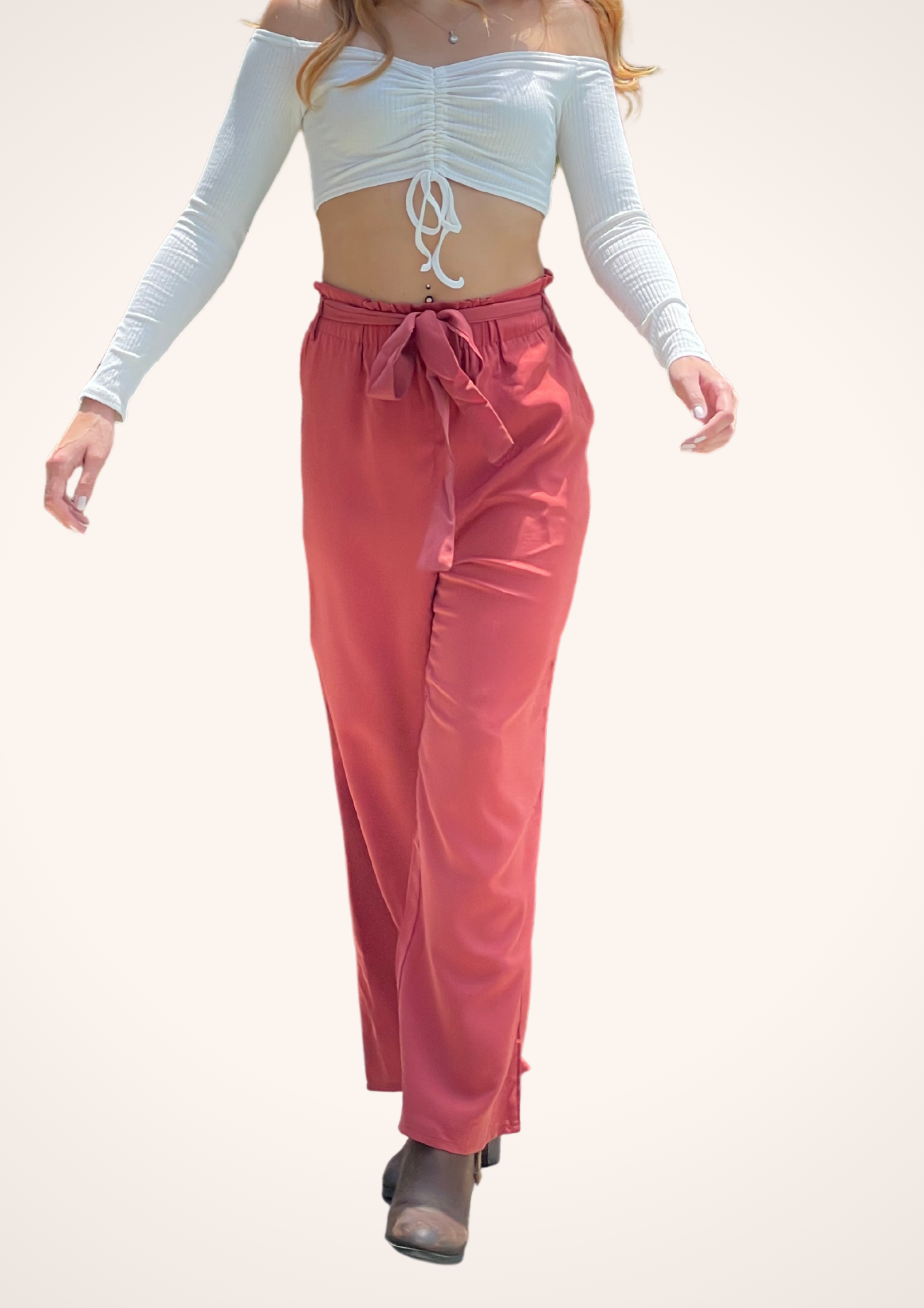 WIDE LEG BELTED PANTS - Pink