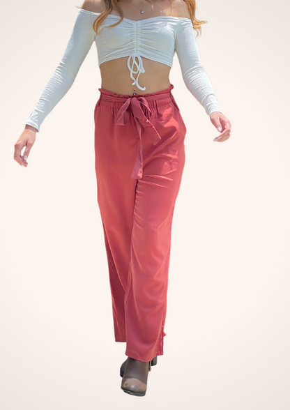 High Waisted Belted Wide Leg Pants in Red