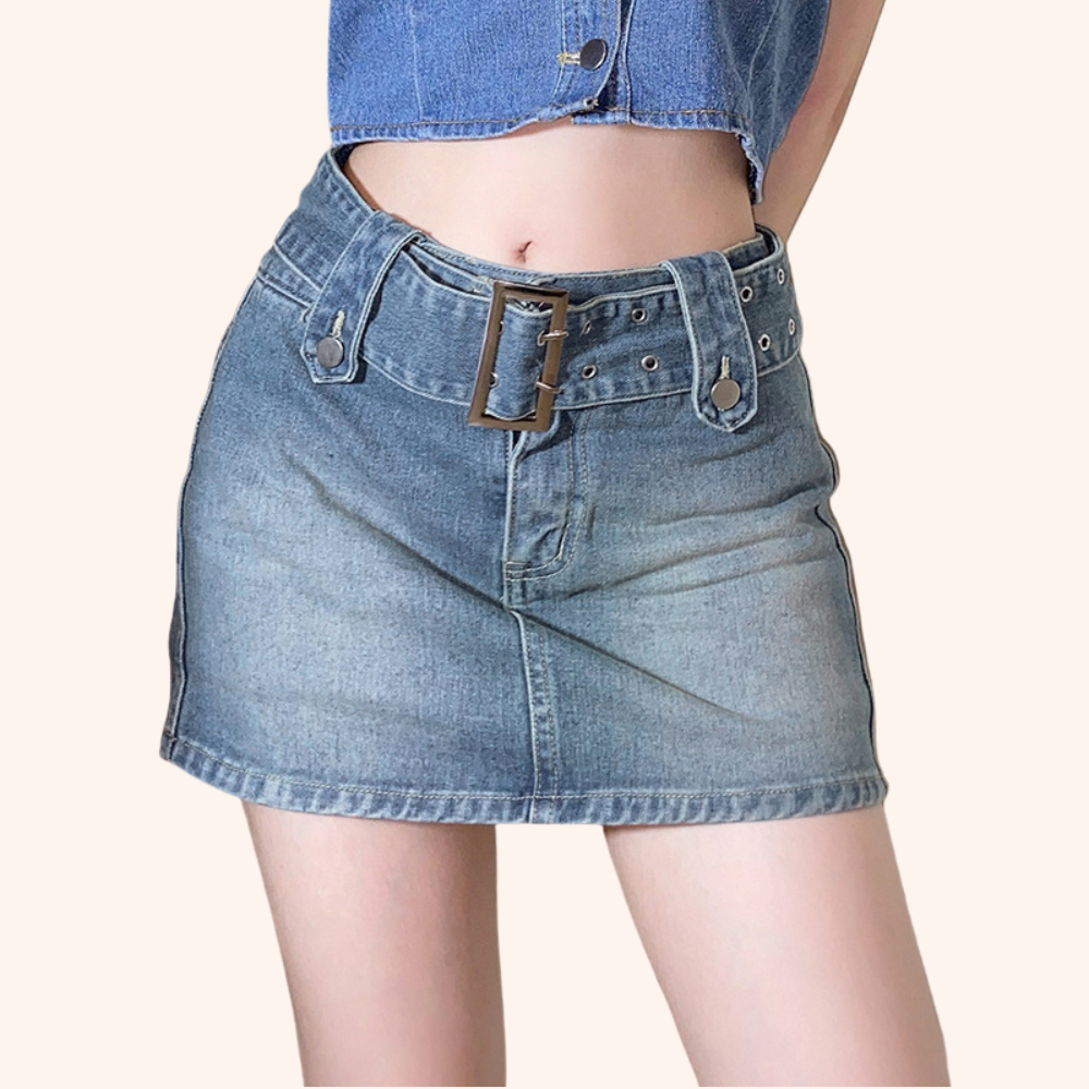 The 90's Called Blue Denim Belted Straight Mini Skirt with Belt