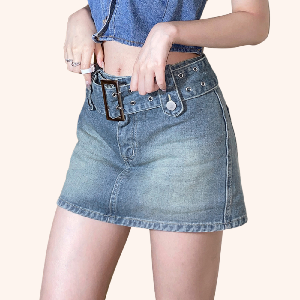 The 90's Called Blue Denim Belted Straight Mini Skirt with Belt