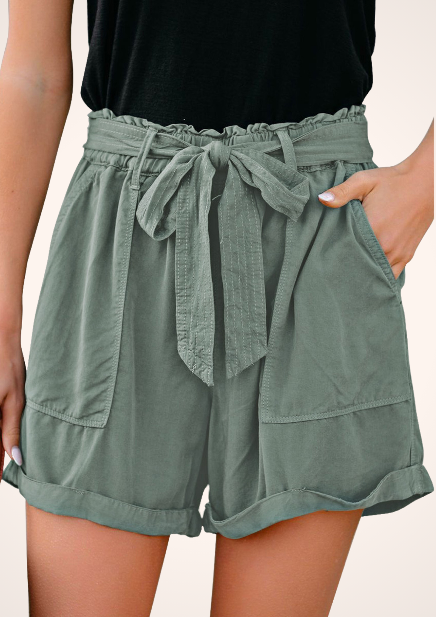 Green Tie Waist Paperbag Shorts