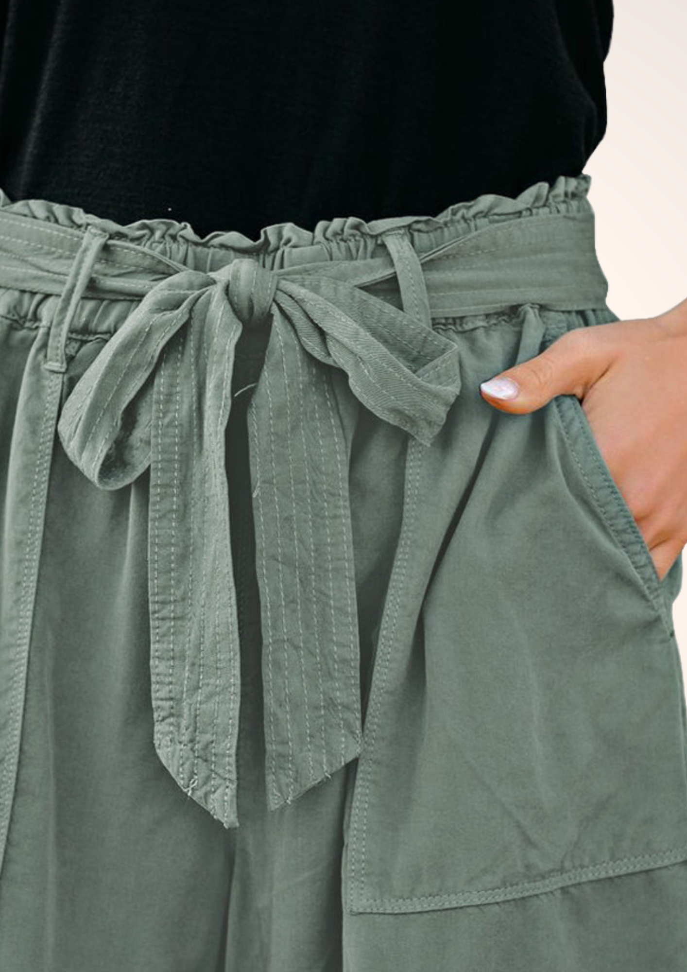 Green Tie Waist Paperbag Shorts