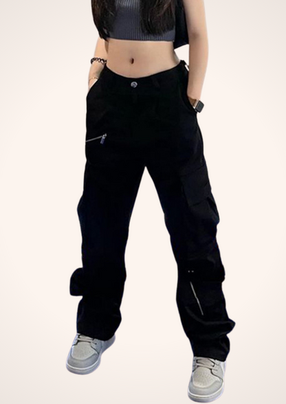 Y2K High Rise Straight Cargo Pants in Black