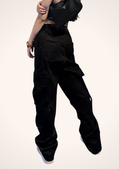 Y2K High Rise Straight Cargo Pants in Black