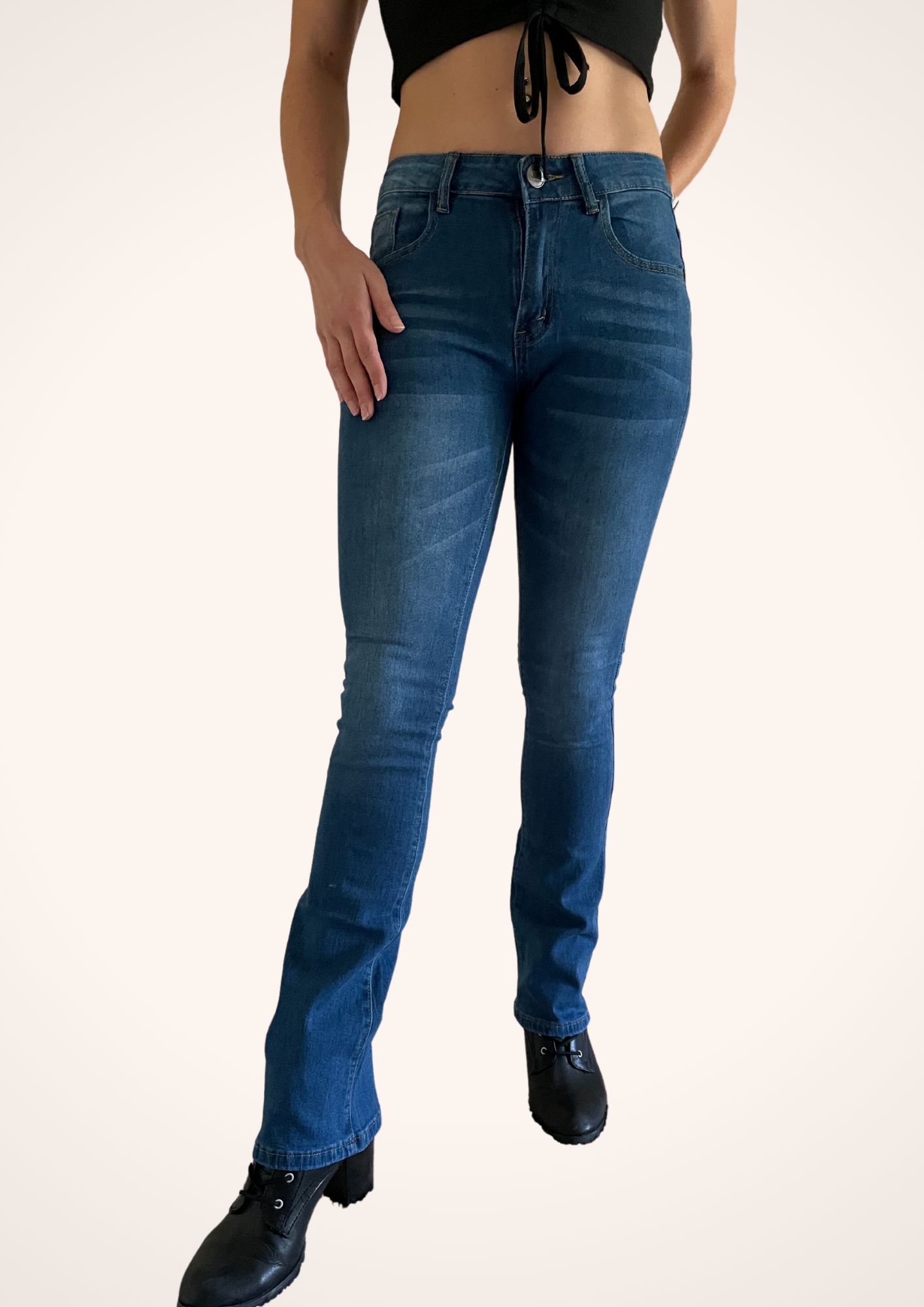 Low Rise Skinny Bootcut Jeans in Dark Blue Denim