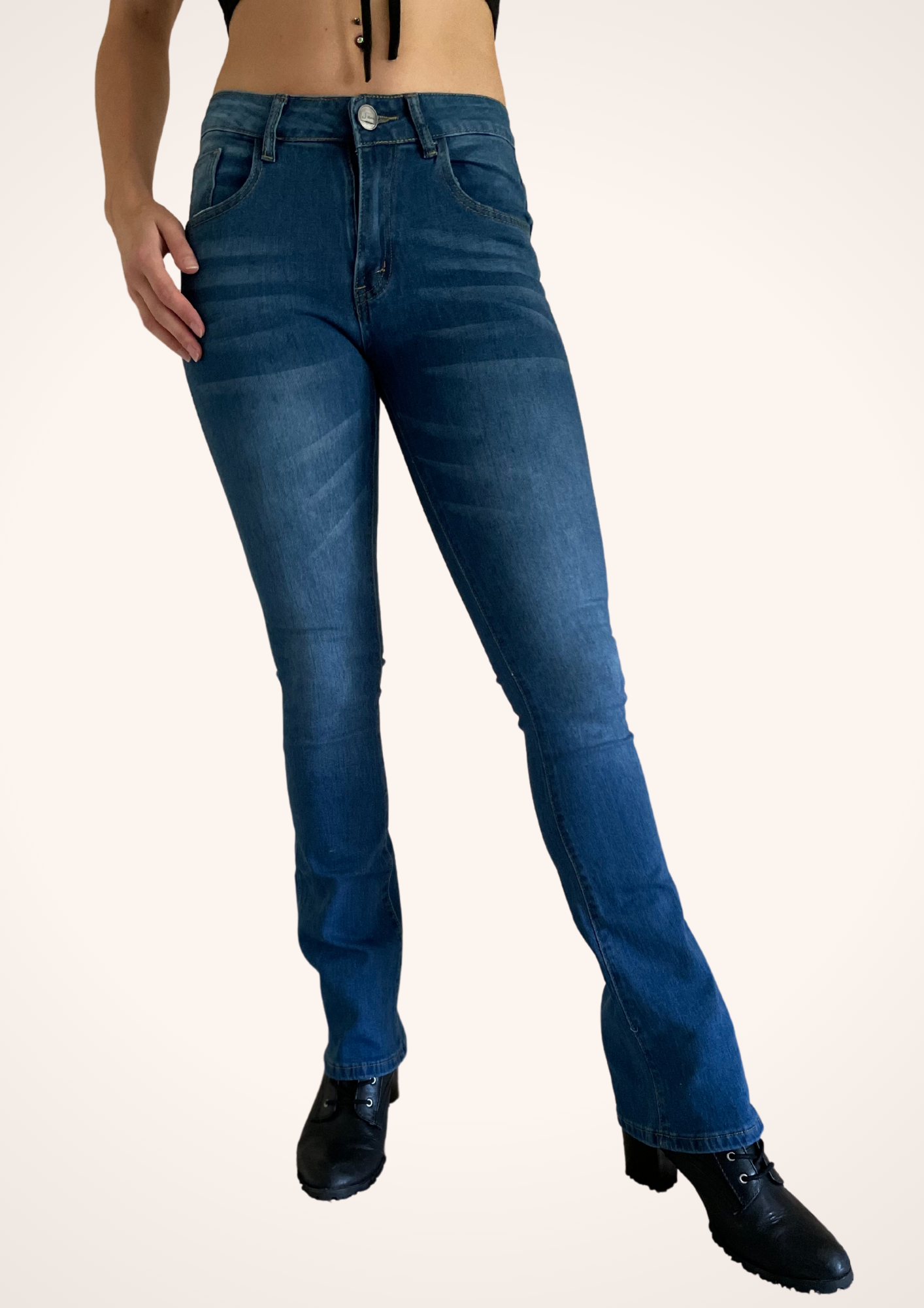 Low Rise Skinny Bootcut Jeans in Dark Blue Denim