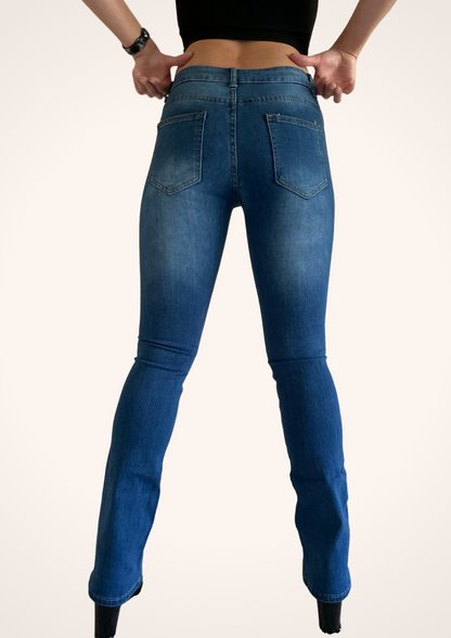 Low Rise Skinny Bootcut Jeans in Dark Blue Denim