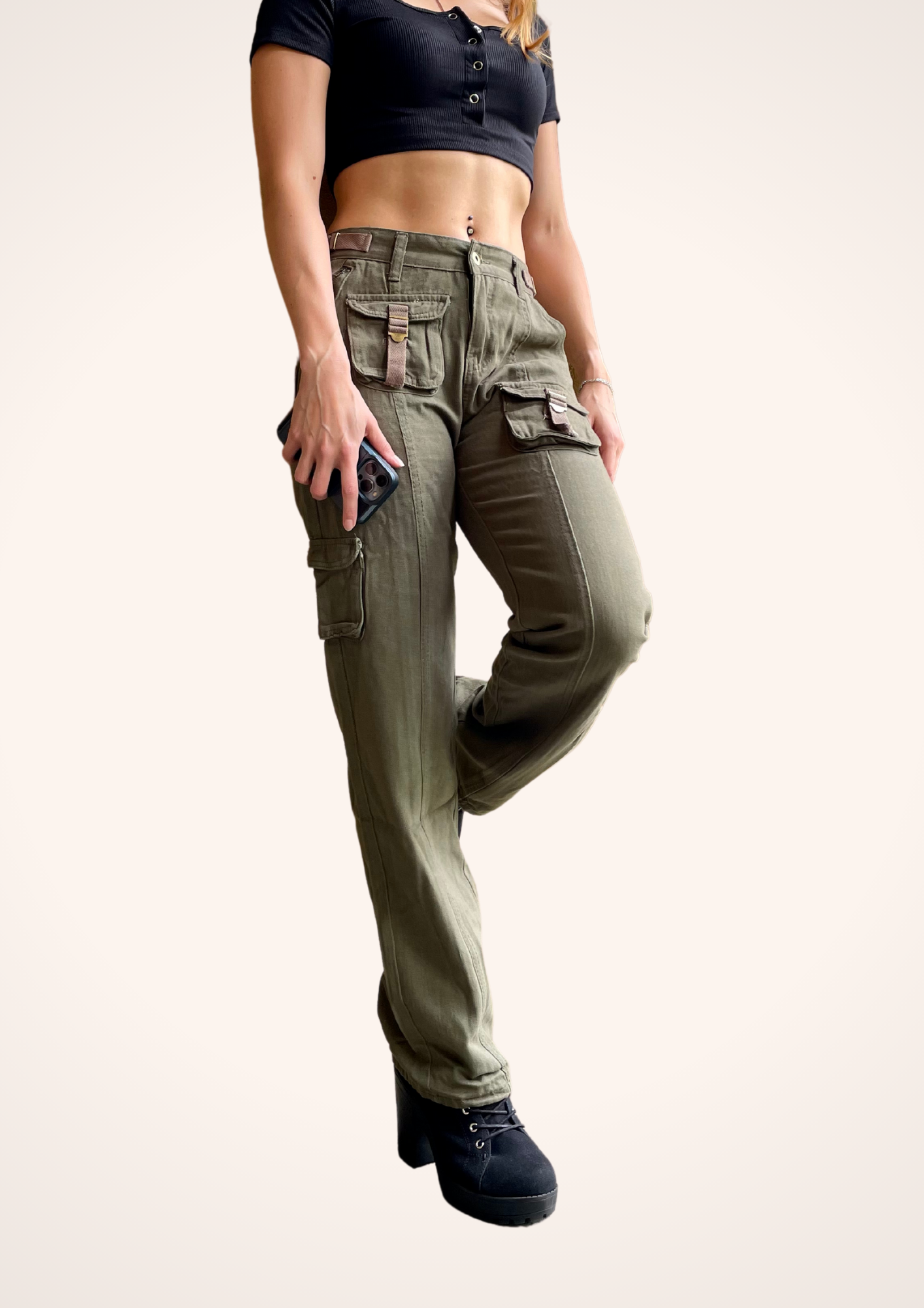 Retro Rewind Y2K Low Rise Cargo Pants in Green