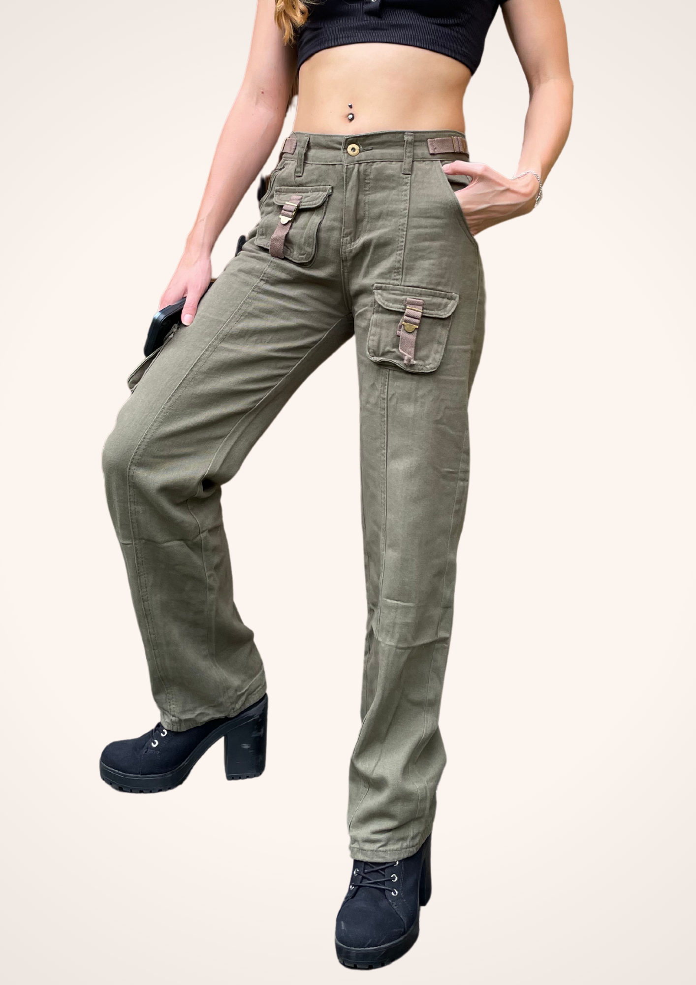 Retro Rewind Y2K Low Rise Cargo Pants in Green