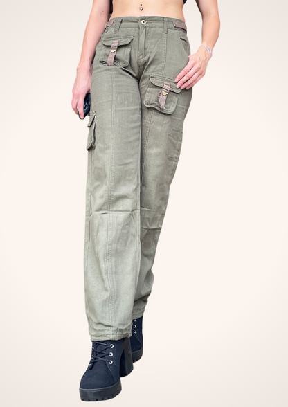 Retro Rewind Y2K Low Rise Cargo Pants in Green