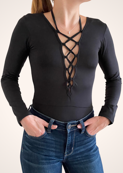 Lace Front Long Sleeve Bodysuit in Black