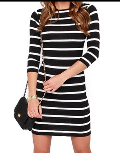 Black and White Striped Bodycon Dress with Sleeves