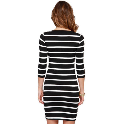 Black and White Striped Bodycon Dress with Sleeves