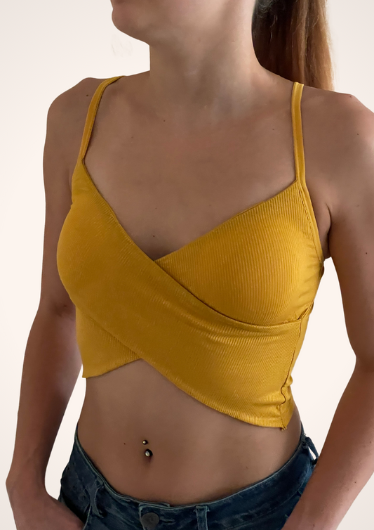 Cross Wrap Padded Camisole Crop Top in Yellow