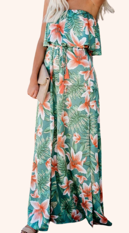 Green Strapless Maxi Dress with Drawstring Waist