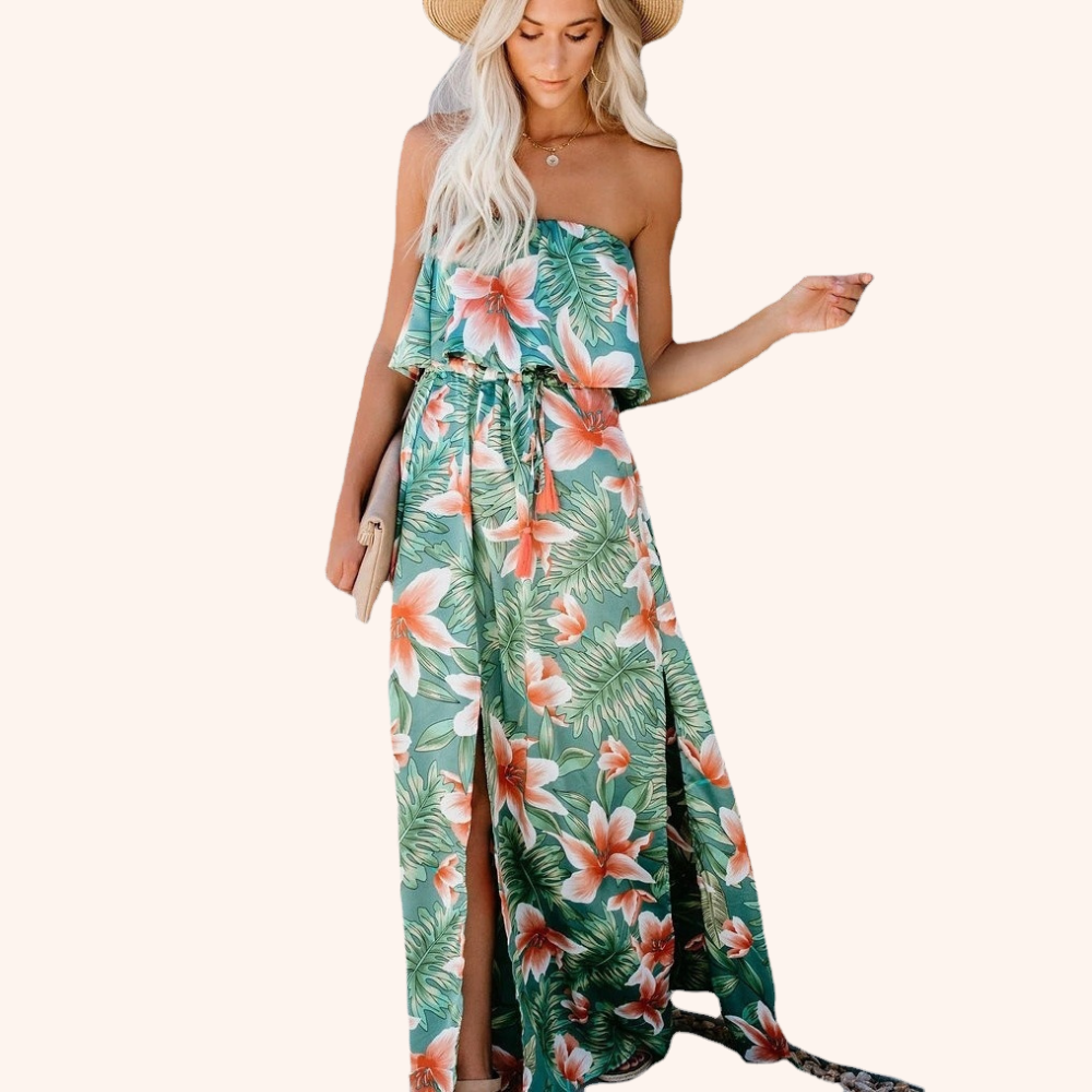 Green Strapless Maxi Dress with Drawstring Waist