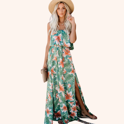 Green Strapless Maxi Dress with Drawstring Waist