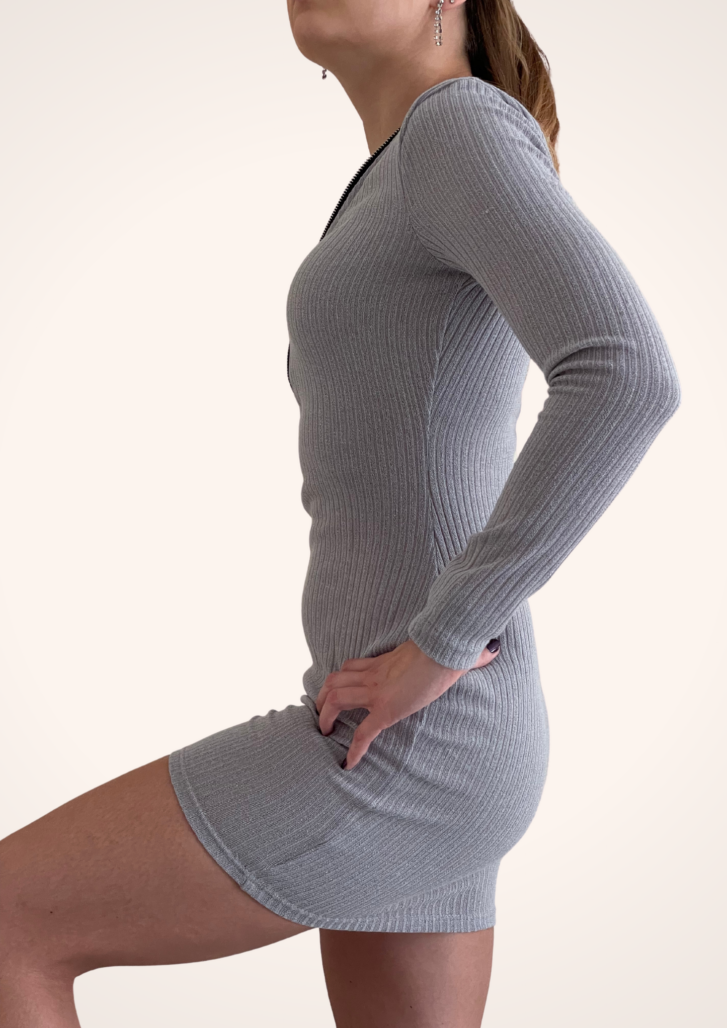 Zip Front Bodycon Light Sweater Dress in Gray