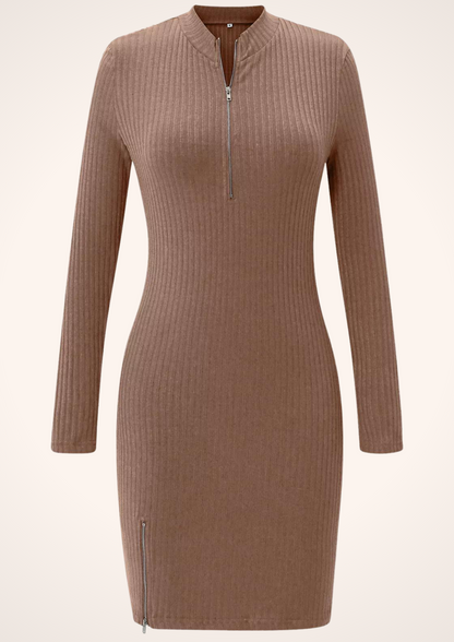 Zip It Up Front Zipper Brown Light Sweater Dress