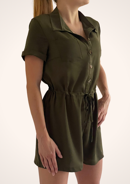 Women’s Green Button Down Drawstring Waist Romper