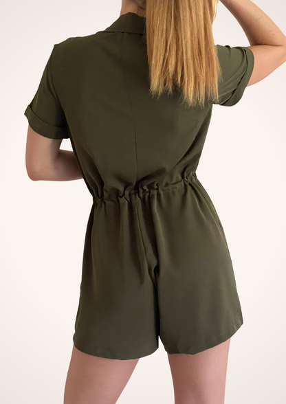 Women’s Green Button Down Drawstring Waist Romper