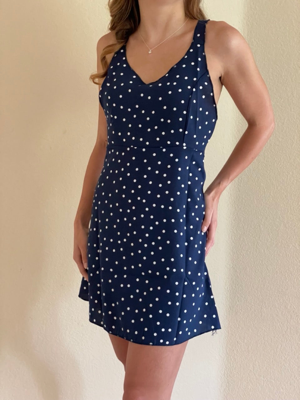 CLEARANCE! Women's Blue Fashion Sleeveless Polka Dot V-Neck Dress Cami Mini Backless