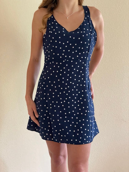 CLEARANCE! Women's Blue Fashion Sleeveless Polka Dot V-Neck Dress Cami Mini Backless