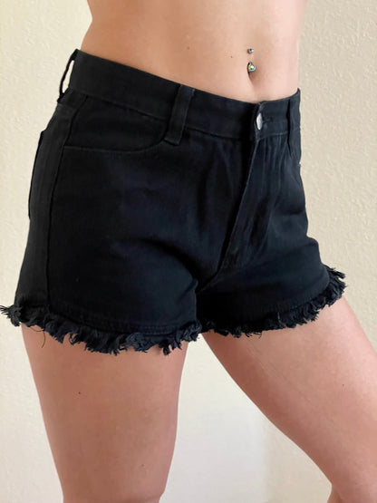 High Rise Frayed Raw Hem Denim Shorts in Black